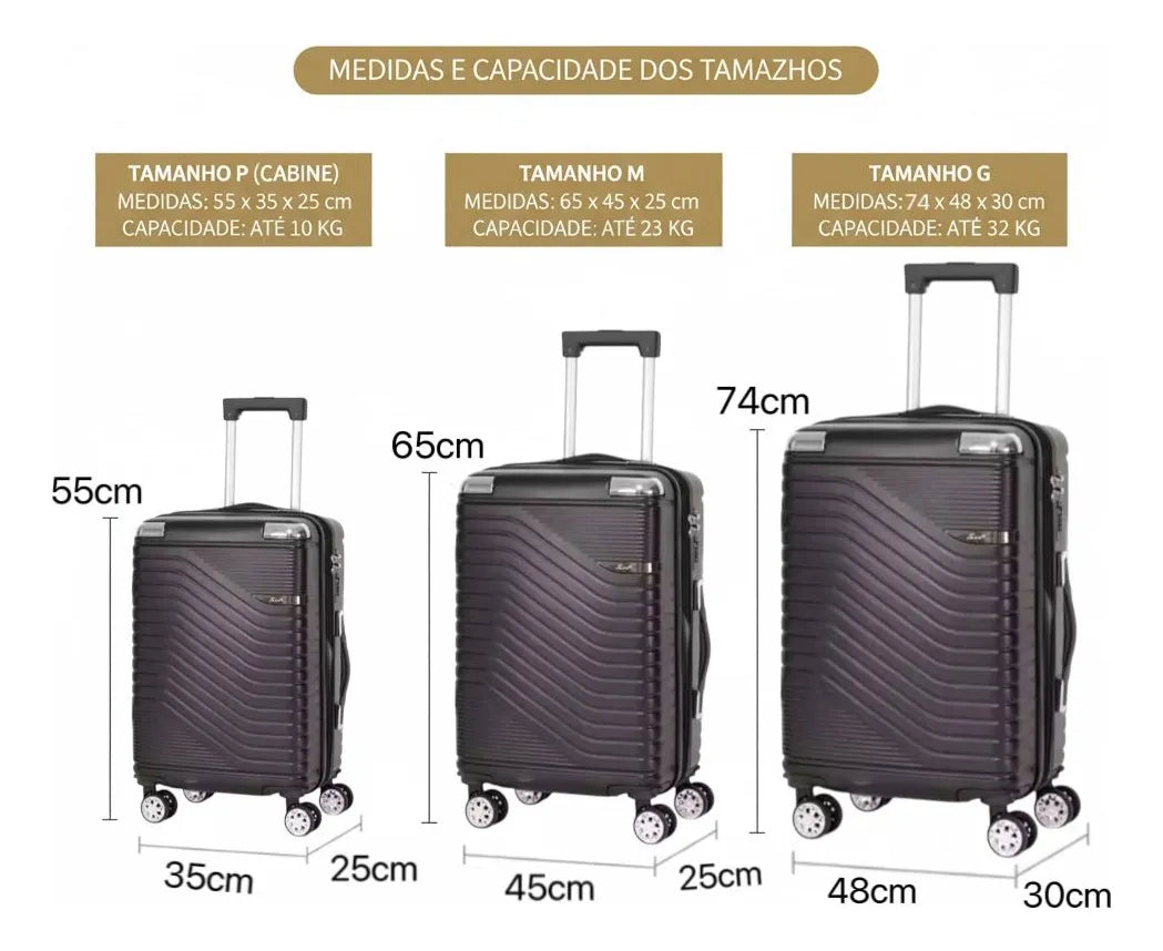 Kit Conjunto 3 Malas De Viagem P , M , G - Resistente Premium Pequena 10kg E Media 23kg E Grande 32kg + Balança Digital Portátil Travelux GRÁTIS