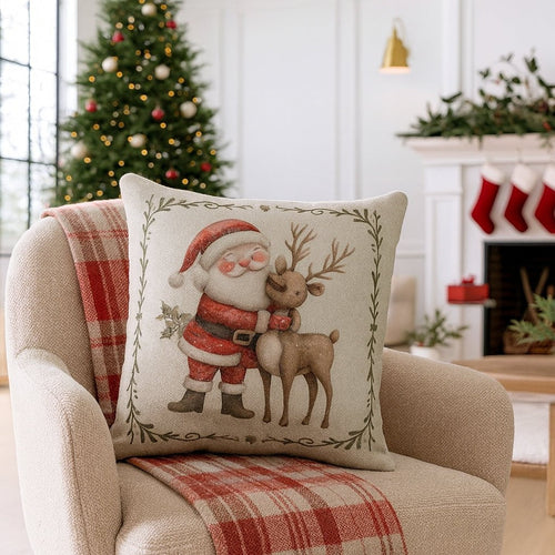 Capa de Almofada Natalina Decoração de Natal Festa Enfeite Papai Noel Renas Boneco de Neve Linho Estampado 43x43cm